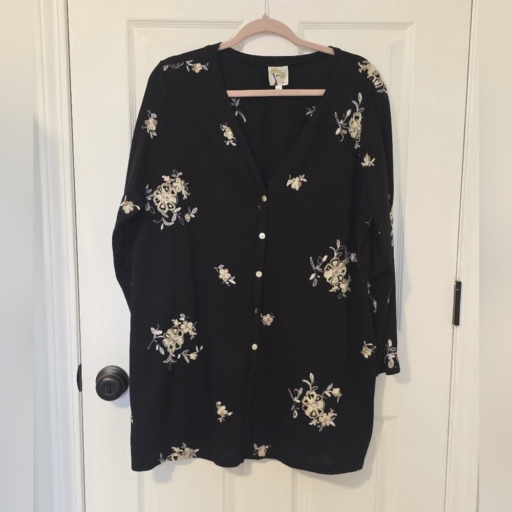 Fig & Flower Black Floral Embroidered Cardigan 3/4 Sleeve Cottagecore 2X